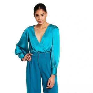 NWT Sergio Hudson x Target Teal Body Suit Blouse, Size Large READY TO SHIP